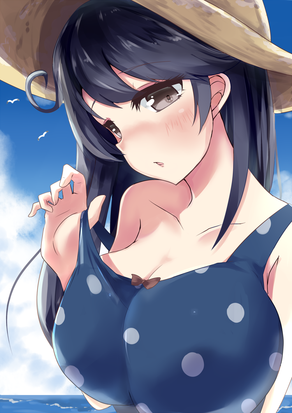 10s, 1girl, adjusting_clothes, adjusting_swimsuit, ahoge, bird, black_hair, blue_one-piece_swimsuit