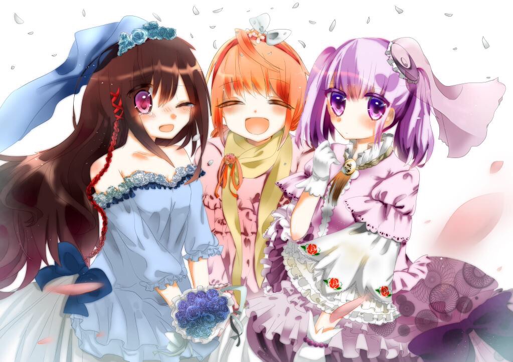 10s, 3girls, :d, ;d, bad_id, bad_pixiv_id, bare_shoulders, black_hair