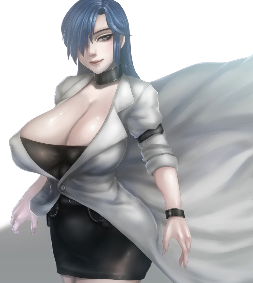 1girl, blue_eyes, blue_hair, breasts, choker, female_focus, gigantic_breasts, grin, hair_over_one_eye, highres, himoo_yuina, lips, long_hair, looking_at_viewer, matching_hair/eyes, okai, sagging_breasts, simple_background, skirt, smile, solo, thick_thighs, thighs, tokimeki_memorial, tokimeki_memorial_1, white_background