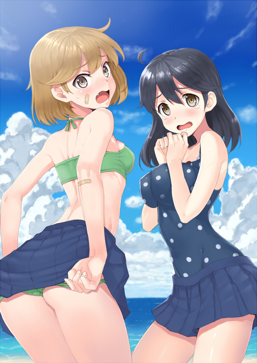 10s, 2girls, bandaid, bandaid_on_face, bikini, black_hair, blush, breasts