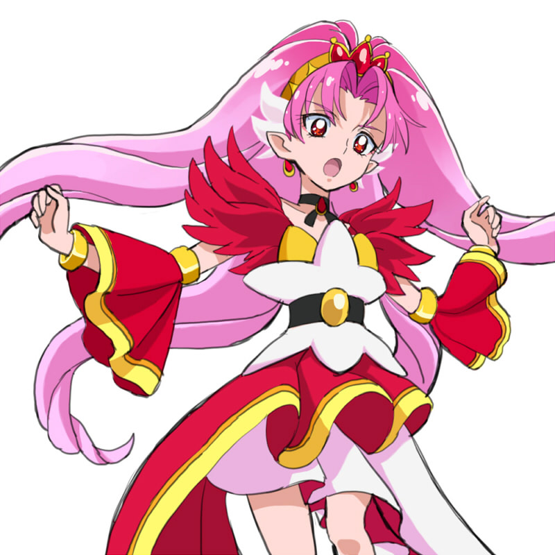 1girl, akagi_towa, choker, cure_scarlet, earrings, female_focus, go!_princess_precure, jewelry, magical_girl, open_mouth, pink_hair, pointy_ears, precure, red_eyes, shuuho_(journey), simple_background, solo, white_background, wide_sleeves