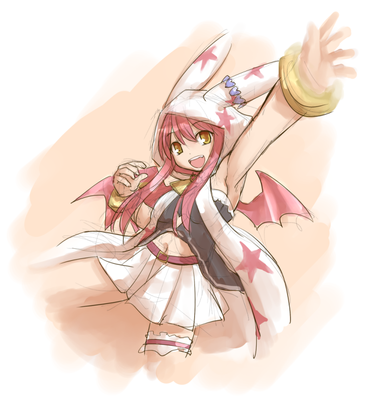 1girl, animal_hood, bat_wings, cloak, cropped_legs, emil_chronicle_online, female_focus, frilled_thigh_strap