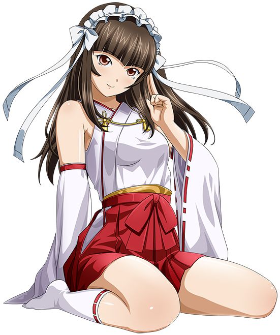 00s, 1girl, brown_eyes, brown_hair, detached_sleeves, female_focus, ikkitousen, ikkitousen:_bakunyuu_souhaden, japanese_clothes, long_hair, looking_at_viewer, maid_headdress, miko, official_art, simple_background, smile, socks, solo, ten'i_(ikkitousen), white_background, white_socks