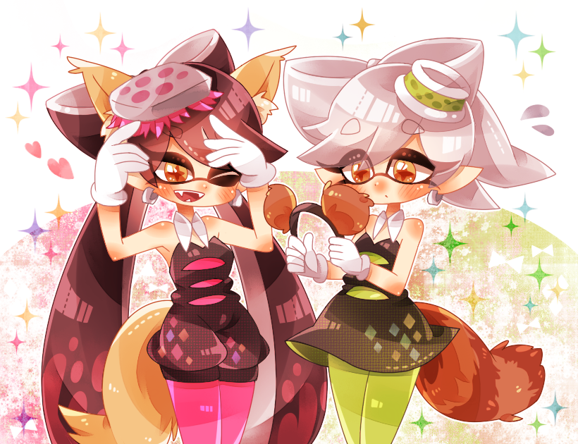 +_+, 2girls, ;d, animal_ears, bad_id, bad_pixiv_id, black_hair, callie_(splatoon)