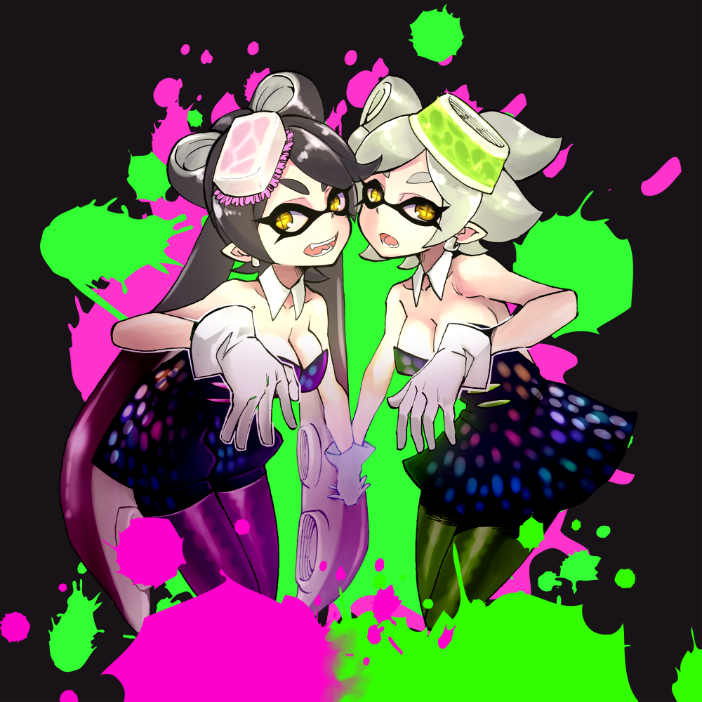 +_+, 2girls, bad_id, bad_pixiv_id, black_hair, breasts, callie_(splatoon), callie_(squid_sisters_outfit)_(splatoon)