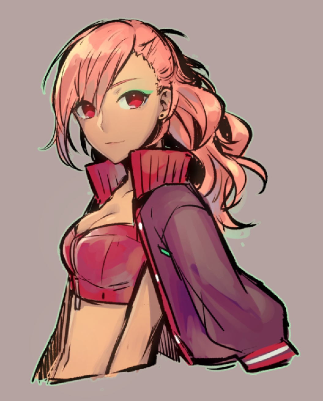 1girl, breasts, cleavage, earrings, eyeshadow, female_focus, highres, jacket, jacket_on_shoulders, jewelry, long_hair, looking_at_viewer, makeup, open_clothes, open_jacket, pink_hair, red_eyes, ruby_(vocaloid), seica, simple_background, solo, tan, track_jacket, vocaloid, zipper