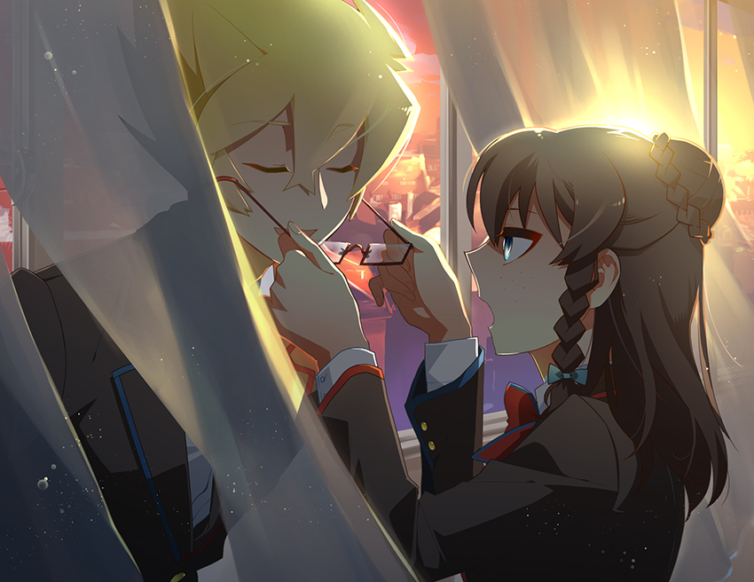 10s, 1boy, 1girl, blonde_hair, blue_eyes, brown_hair, chaos_dragon, contemporary