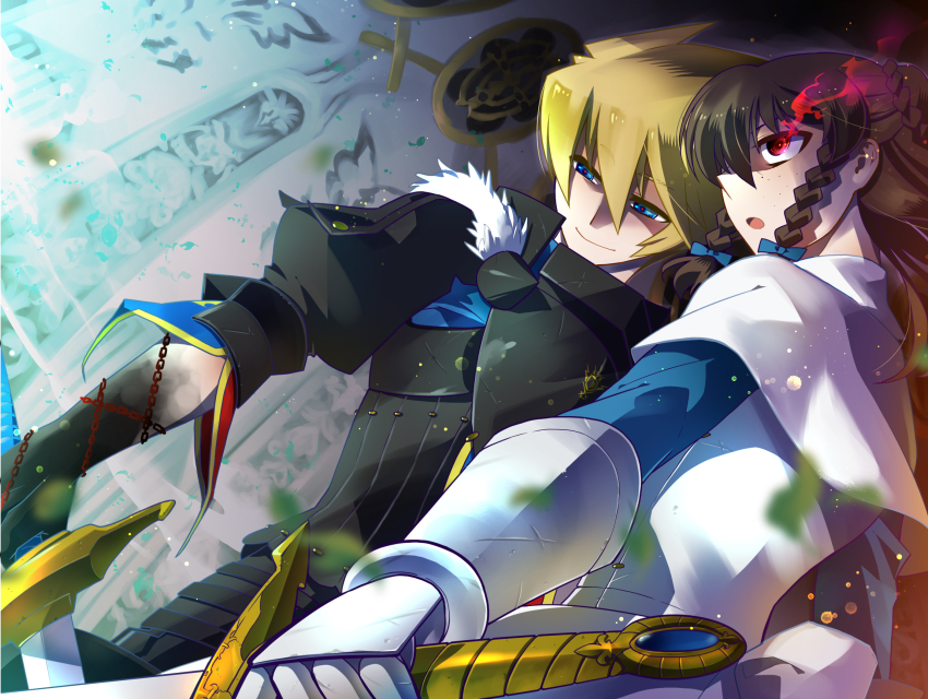 10s, 1boy, 1girl, blonde_hair, blue_eyes, braid, brown_hair, chaos_dragon