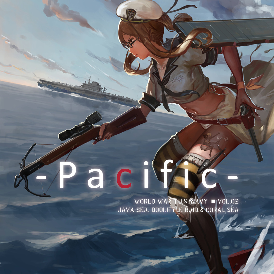 10s, 1girl, aircraft_carrier, belt, beret, blonde_hair, blue_sky, bow_(weapon), buckle, cloud, crop_top, crossbow, dutch_angle, english_text, female_focus, from_side, glasses, gun, handgun, hat, holding, holding_weapon, holster, horizon, hornet_(pacific), jeanex, kantai_collection, leaning_forward, looking_away, meme, midriff, military, military_vehicle, navel, ocean, original, pacific_(kancolle), personification, revolver, sailor_collar, scope, serious, ship, short_hair_with_long_locks, short_sleeves, sidelocks, skirt, sky, solo, striped_clothes, striped_thighhighs, tattoo, thighhighs, trigger_discipline, united_states, uss_hornet_(cv-8), uss_hornet_(cv-8)_(aircraft_carrier), warship, water, watercraft, waterskiing_(meme), waves, weapon, white_skirt, wind