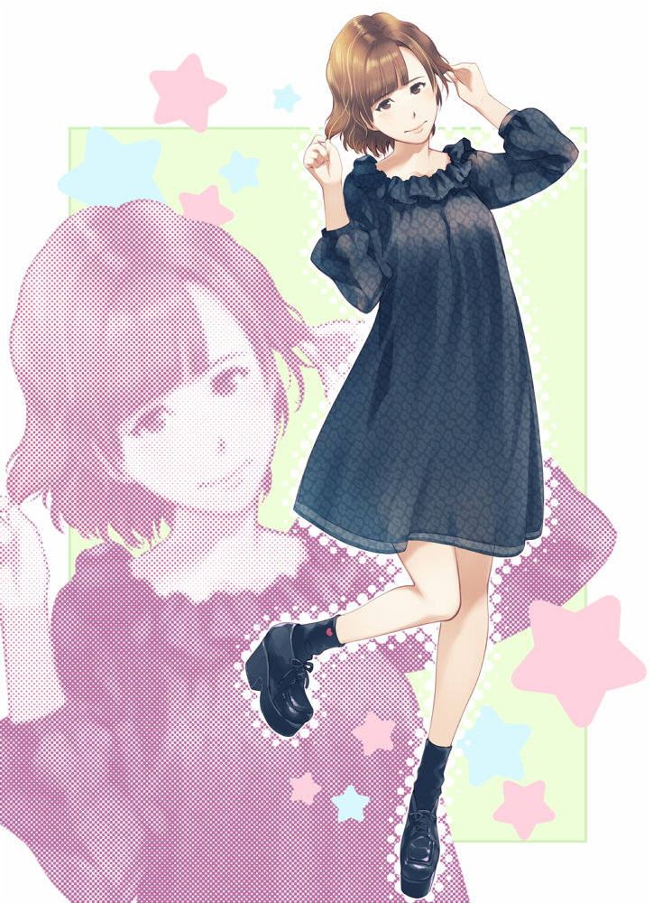 1girl, brown_eyes, brown_hair, dress, female_focus, frilled_dress, frills, halftone