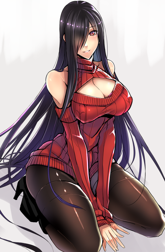 1girl, bare_shoulders, black_hair, black_pantyhose, breasts, cleavage, female_focus, gradient_background, hair_over_one_eye, high_heels, kneeling, large_breasts, long_hair, looking_at_viewer, mugenshiki, open-chest_sweater, pantyhose, parted_lips, red_eyes, ribbed_sweater, simple_background, sitting, solo, sweater, thighband_pantyhose, thighhighs_under_pantyhose, very_long_hair