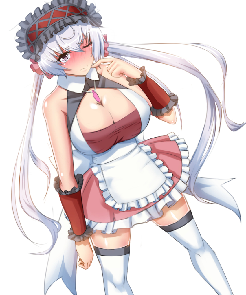 10s, 1girl, adapted_costume, apron, blush, bow, breasts, cleavage