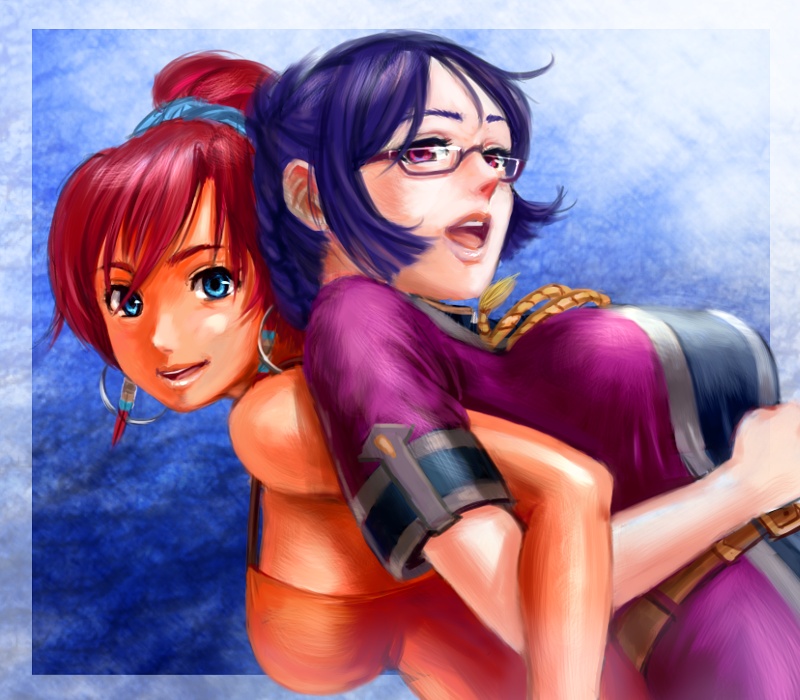 10s, 2girls, battan, bellows_(suisei_no_gargantia), blue_eyes, breasts, earrings, glasses, gradient_background, hoop_earrings, jewelry, large_breasts, lips, locked_arms, long_hair, medium_breasts, multiple_girls, open_mouth, purple_hair, red_eyes, red_hair, ridget_(suisei_no_gargantia), semi-rimless_eyewear, smile, suisei_no_gargantia