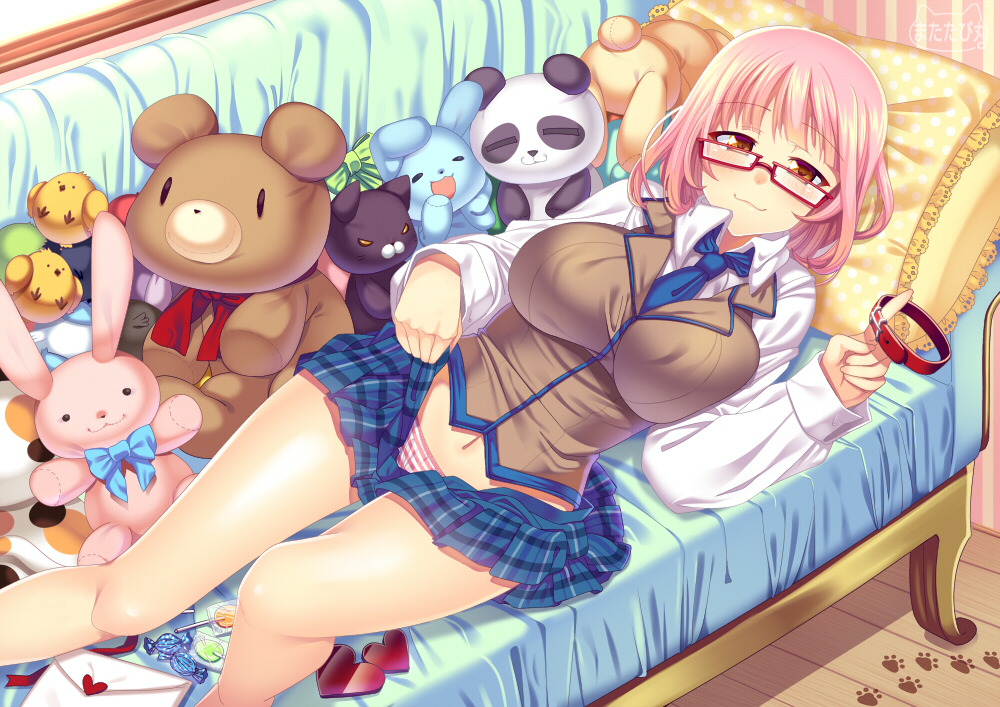 1girl, bad_id, bad_pixiv_id, blush, breasts, candy, collar, female_focus, food, footprints, heart, large_breasts, letter, lollipop, looking_at_viewer, love_letter, lying, matatabi_maru, necktie, orange_eyes, original, panties, pillow, pink_hair, polka_dot, skirt, solo, striped_clothes, striped_panties, stuffed_animal, stuffed_toy, underwear