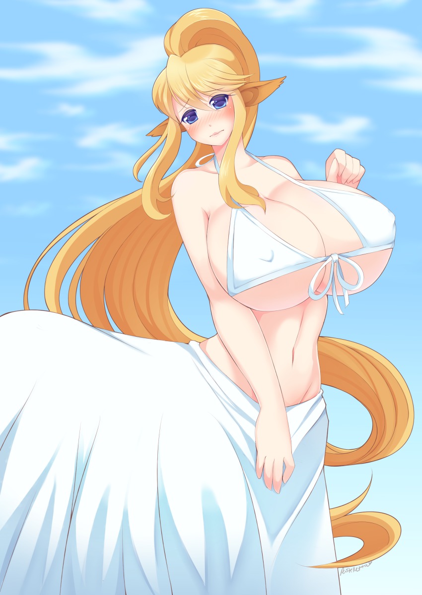 10s, 1girl, absurdres, animal_ears, bad_deviantart_id, bad_id, bikini, bikini_top_only, blonde_hair, blue_eyes, blush, breasts, centaur, centorea_shianus, cloud, covered_erect_nipples, day, female_focus, front-tie_bikini_top, front-tie_top, gradient_background, highres, horse_ears, huge_breasts, long_hair, meltyvixen, monster_girl, monster_musume_no_iru_nichijou, navel, ponytail, signature, sky, solo, swimsuit, taur, very_long_hair, white_bikini