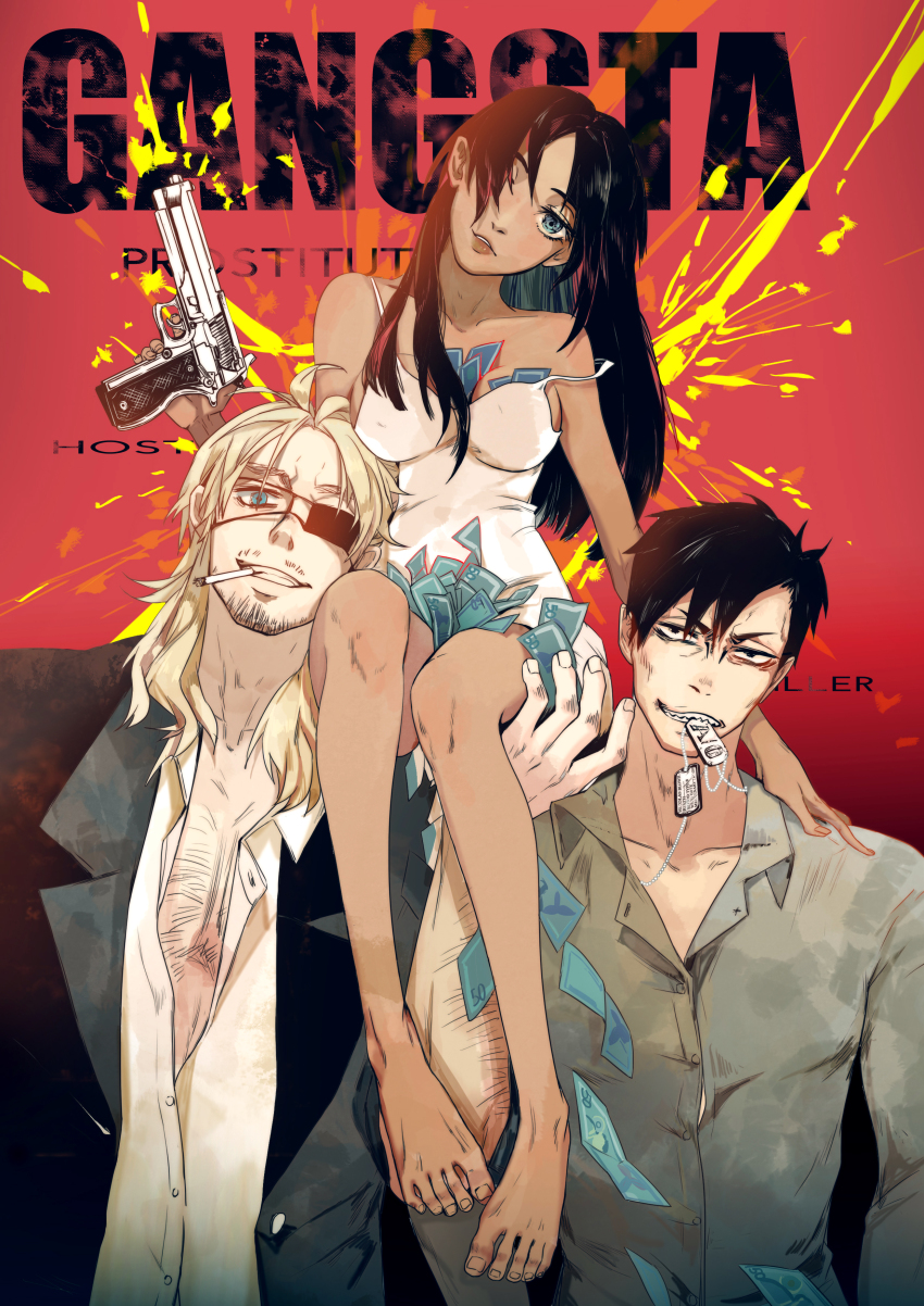 10s, 1girl, 2boys, absurdres, alex_benedetto, bad_id, bad_pixiv_id, barefoot, dog_tags, feet, gangsta, gradient_background, gun, handgun, highres, money, moriyama_(artist), multiple_boys, nicolas_brown, qingfengche, weapon, worick_arcangelo