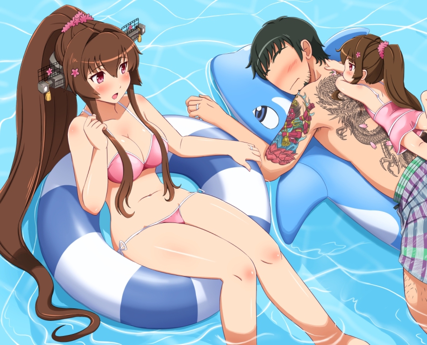 10s, 1boy, 2girls, artist_self-insert, bad_id, bad_pixiv_id, beard, bikini, black_hair, blush, breasts, brown_hair, child, faceless, faceless_male, facial_hair, father_and_child, father_and_daughter, flower, hair_flower, hair_ornament, inflatable_toy, inflatable_whale, innertube, jewelry, kantai_collection, ko-yamato, large_breasts, long_hair, male_swimwear, mother_and_child, mother_and_daughter, multiple_girls, open_mouth, parent_and_child, pink_bikini, pink_eyes, plaid_clothes, plaid_swim_trunks, ponytail, pool, print_male_swimwear, print_swim_trunks, print_swimsuit, purple_male_swimwear, purple_swim_trunks, ring, shin'en-san_(shin'en), shin'en_(gyokuro_company), short_hair, side-tie_bikini_bottom, swim_ring, swim_trunks, swimsuit, tattoo, very_long_hair, water, wedding_band, wedding_ring, yamato_(kancolle)