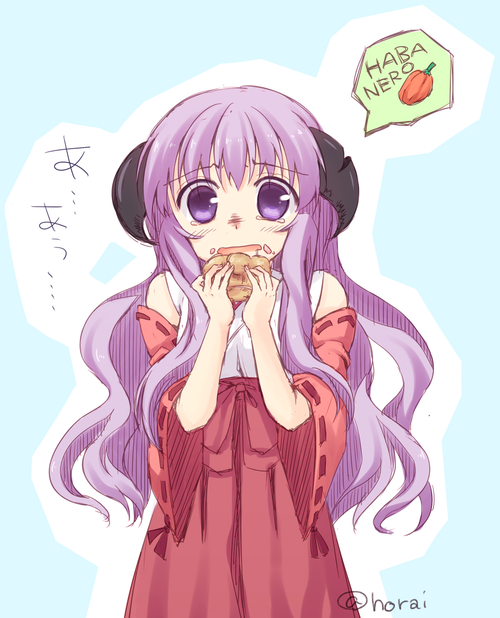1girl, bad_id, bad_pixiv_id, chili_pepper, cream_puff, detached_sleeves, eating, food