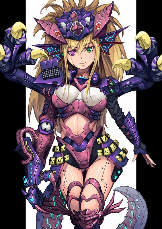1girl, android, blonde_hair, blue_sonia_(p&amp;d), dragon_girl, dragon_horns, dragon_tail, female_focus, green_eyes, heterochromia, horns, long_hair, mecha_musume, mechanization, purple_eyes, puzzle_&amp;_dragons, rari_(badominton), simple_background, smile, solo, tail
