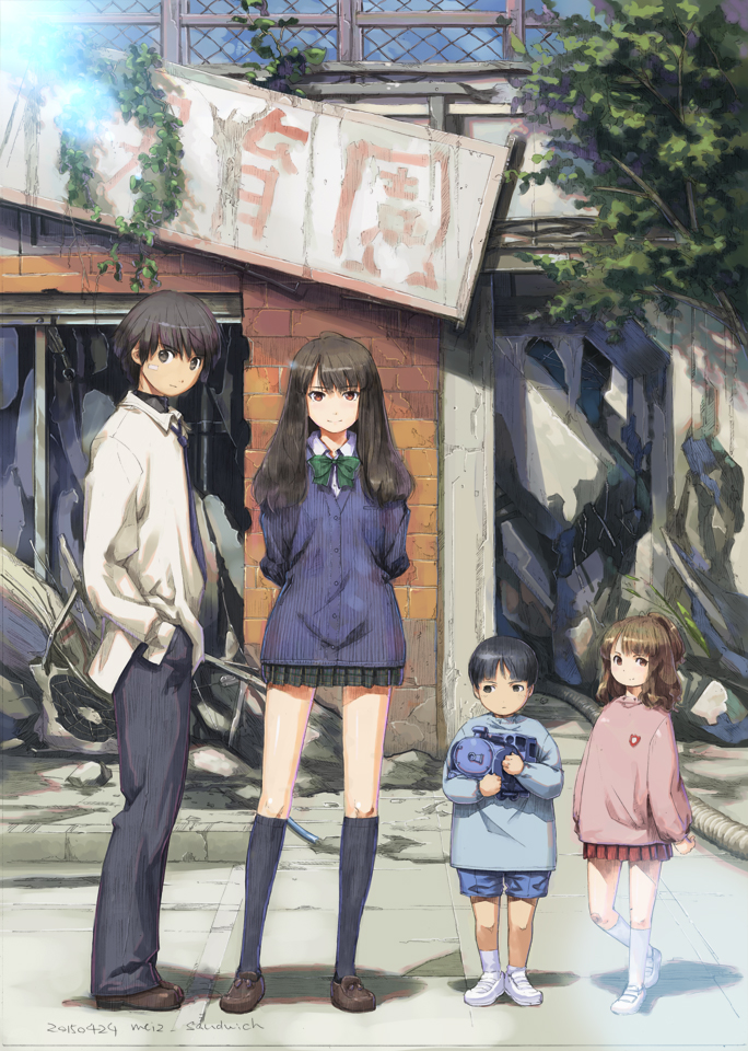 2boys, 2girls, arms_behind_back, artist_name, bandages, black_hair, black_socks, blouse