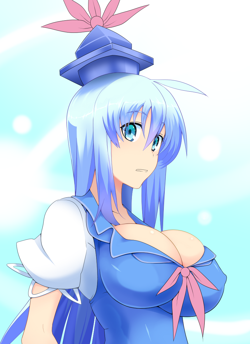 1girl, blue_eyes, blue_hair, breasts, cleavage, eyes_visible_through_hair, female_focus, from_side