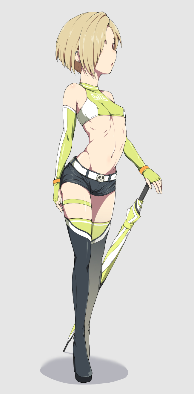 10s, 1girl, belt, blonde_hair, closed_umbrella, elbow_gloves, female_focus, full_body