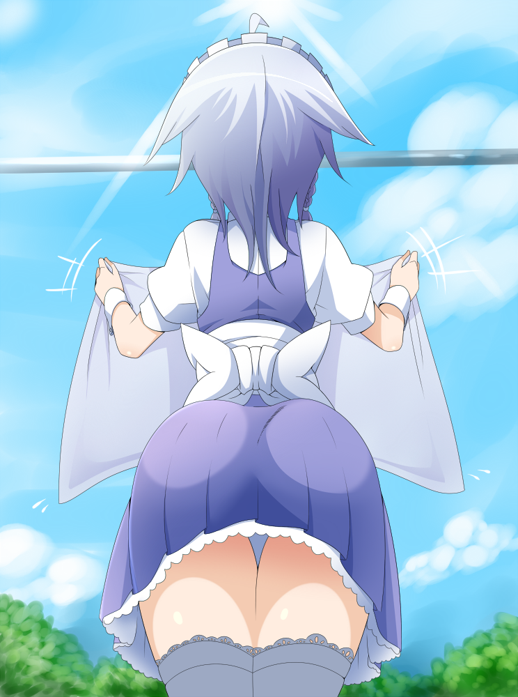 1girl, antenna_hair, ass, blue_dress, braid, cloud, cloudy_sky, day, dress, female_focus, from_behind, gradient_background, izayoi_sakuya, maid_headdress, panties, pantyshot, puffy_short_sleeves, puffy_sleeves, short_dress, short_hair, short_sleeves, silver_hair, sky, solo, standing, tamuhi, thighhighs, touhou, twin_braids, underwear, white_panties, zettai_ryouiki