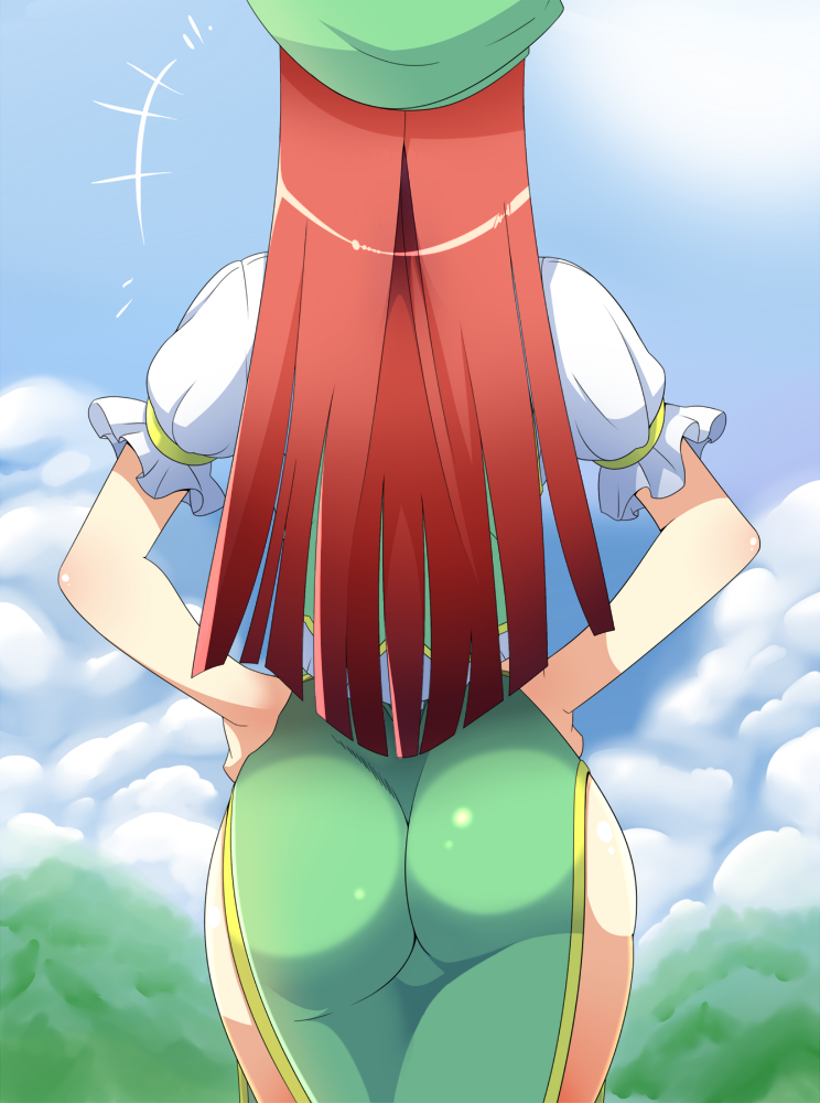1girl, ass, beret, blurry, chinese_clothes, cloud, cloudy_sky, day, depth_of_field, female_focus, from_behind, gradient_background, hand_on_own_hip, hands_on_own_hips, hat, hong_meiling, huge_ass, long_hair, outdoors, puffy_short_sleeves, puffy_sleeves, red_hair, shirt, short_sleeves, side_slit, skirt, skirt_set, sky, solo, tamuhi, tangzhuang, thick_thighs, thigh_slit, thighhighs, thighs, touhou, walking, wedgie, white_shirt