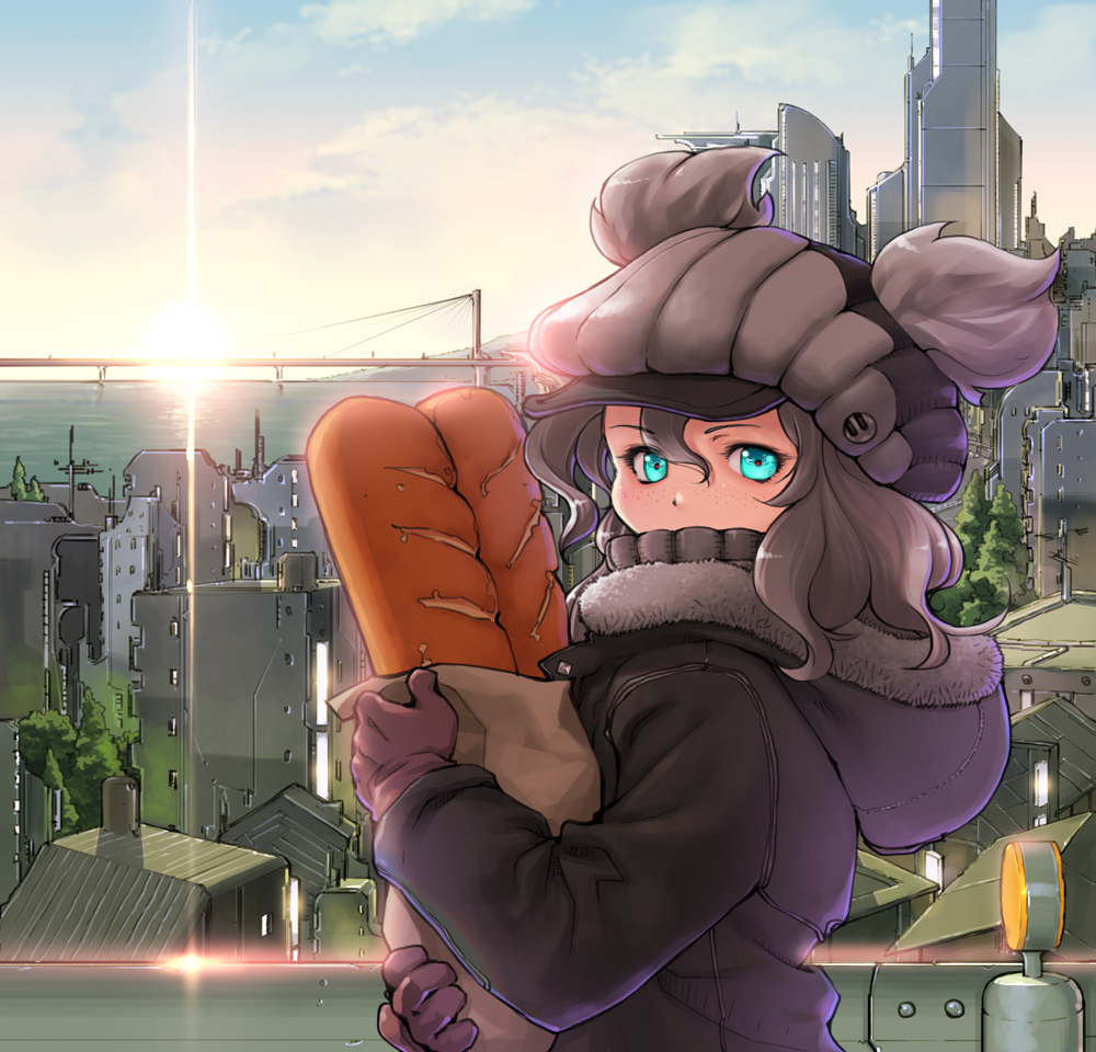 10s, 1girl, alternate_costume, aqua_eyes, bag, baguette, bread, bridge