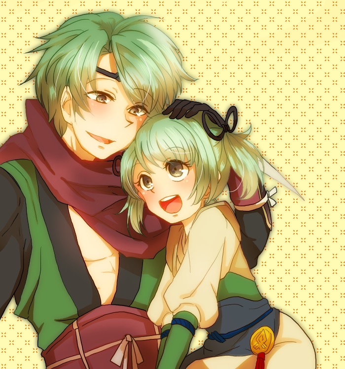 1boy, 1girl, blush, brown_eyes, father_and_child, father_and_daughter, fire_emblem, fire_emblem_fates, gloves, green_hair, kaze_(fire_emblem), midori_(fire_emblem), minky_dodo, ninja, nintendo, open_mouth, parent_and_child, simple_background