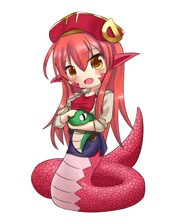 10s, 1girl, blush, breasts, chibi, erusen_(des-arms), fang, female_focus, full_body, hat, lamia, long_hair, miia_(monster_musume), monster_girl, monster_musume_no_iru_nichijou, pointy_ears, red_hair, scales, shirt, simple_background, solo, stuffed_snake, taut_clothes, taut_shirt, white_background, yellow_eyes