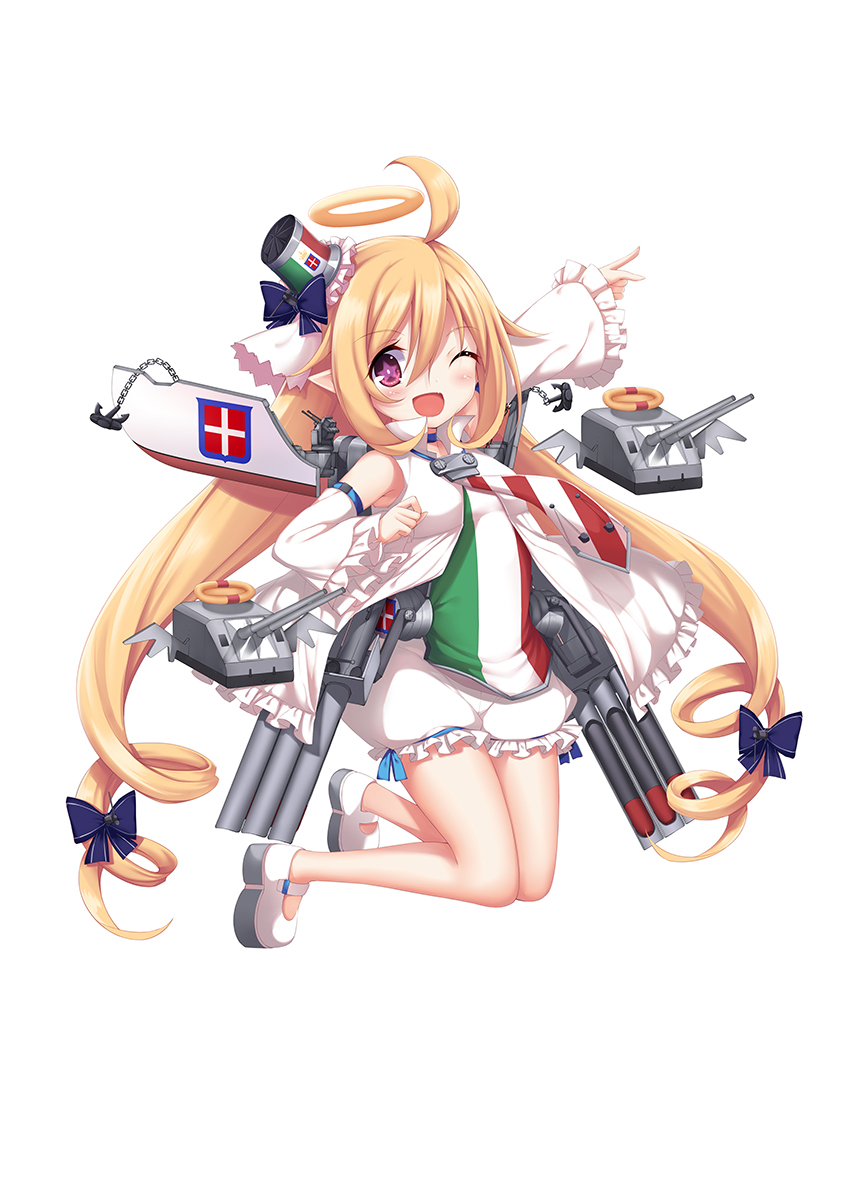 1girl, ;d, ahoge, bad_id, bad_pixiv_id, blonde_hair, blush, bow