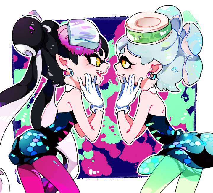 2girls, :d, bad_id, bad_pixiv_id, black_hair, callie_(splatoon), callie_(squid_sisters_outfit)_(splatoon), detached_collar