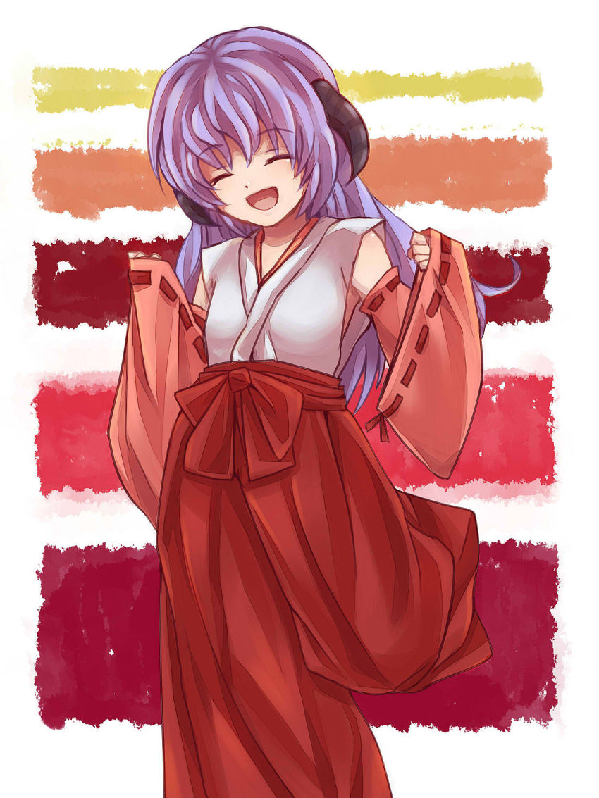 1girl, :d, ^_^, closed_eyes, detached_sleeves, gradient_background, hakama, hakama_skirt, hanyuu, haori, highres, higurashi_no_naku_koro_ni, horns, japanese_clothes, long_hair, miko, momi_o, open_mouth, purple_hair, red_hakama, ribbon-trimmed_sleeves, ribbon_trim, skirt, smile, striped_background