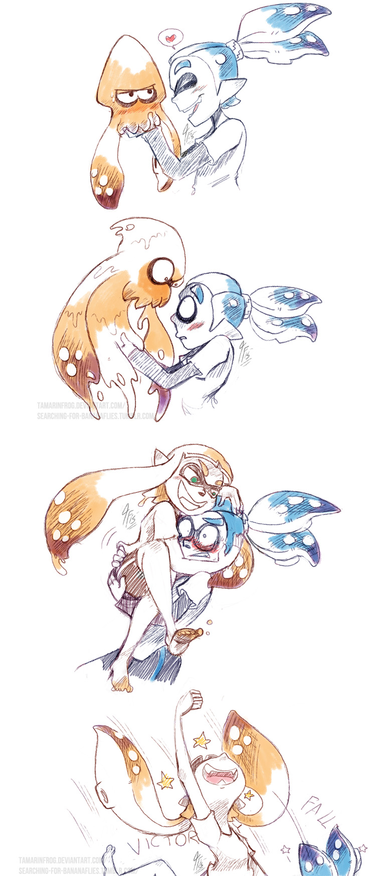 1boy, 1girl, 4koma, barefoot, bike_shorts, blue_hair, blush, carrying, comic, fangs, fist_pump, girl_on_top, green_eyes, grin, heart, hetero, high_ponytail, highres, inkling, inkling_boy, inkling_girl, inkling_player_character, long_hair, nintendo, orange_hair, paint_splatter, pointy_ears, ponytail, princess_carry, shirt, short_hair_with_long_locks, silent_comic, simple_background, smile, splatoon_(series), splatoon_1, spoken_heart, squid, t-shirt, tamarinfrog, tentacle_hair, transformation, twintails