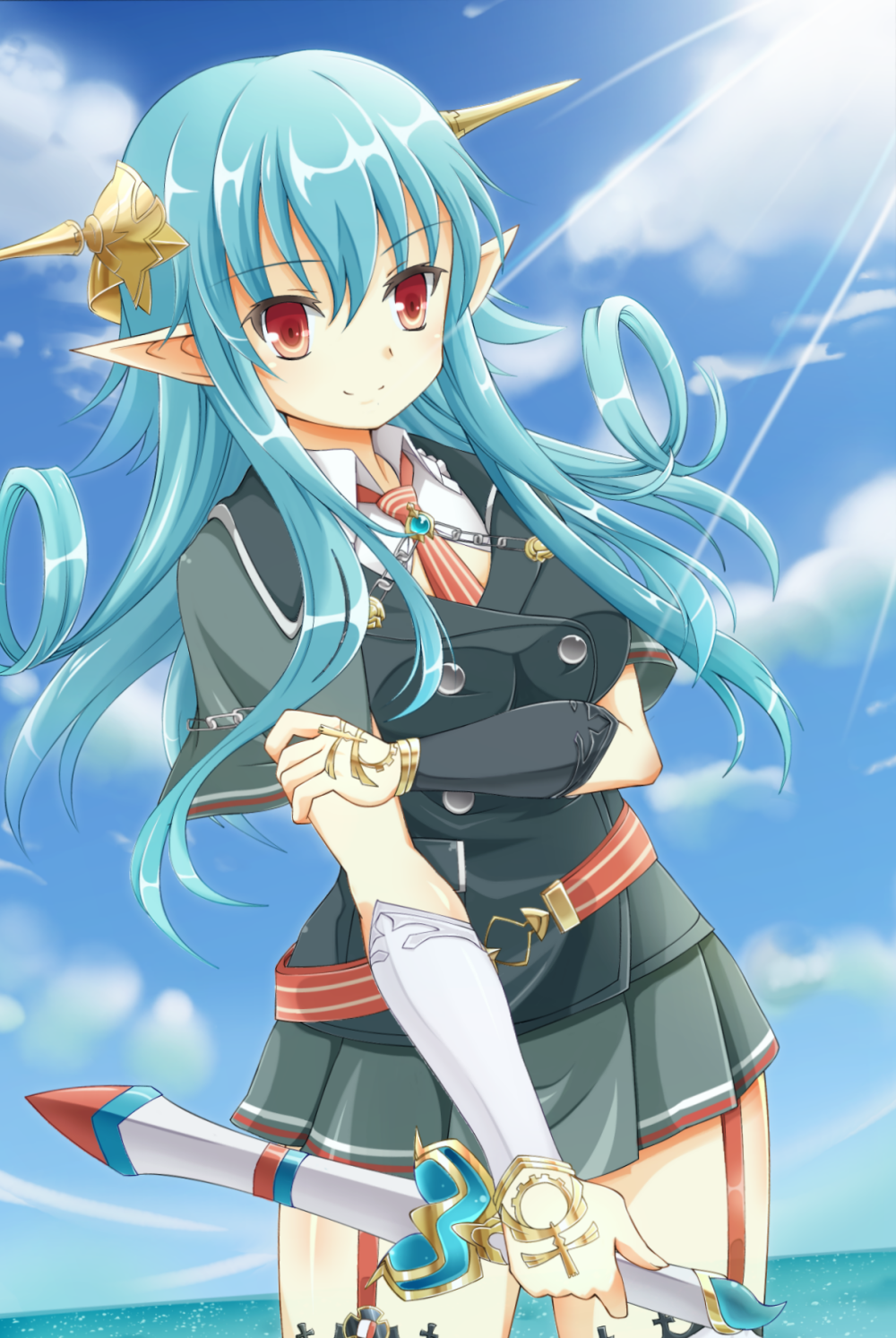 1girl, aqua_hair, arm_guards, belt, breasts, brooch, day, female_focus