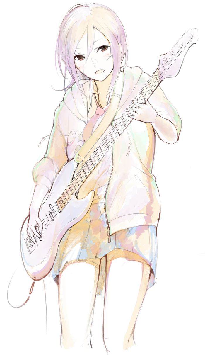 1girl, bass_guitar, brown_eyes, female_focus, guitar, highres, hood, hoodie