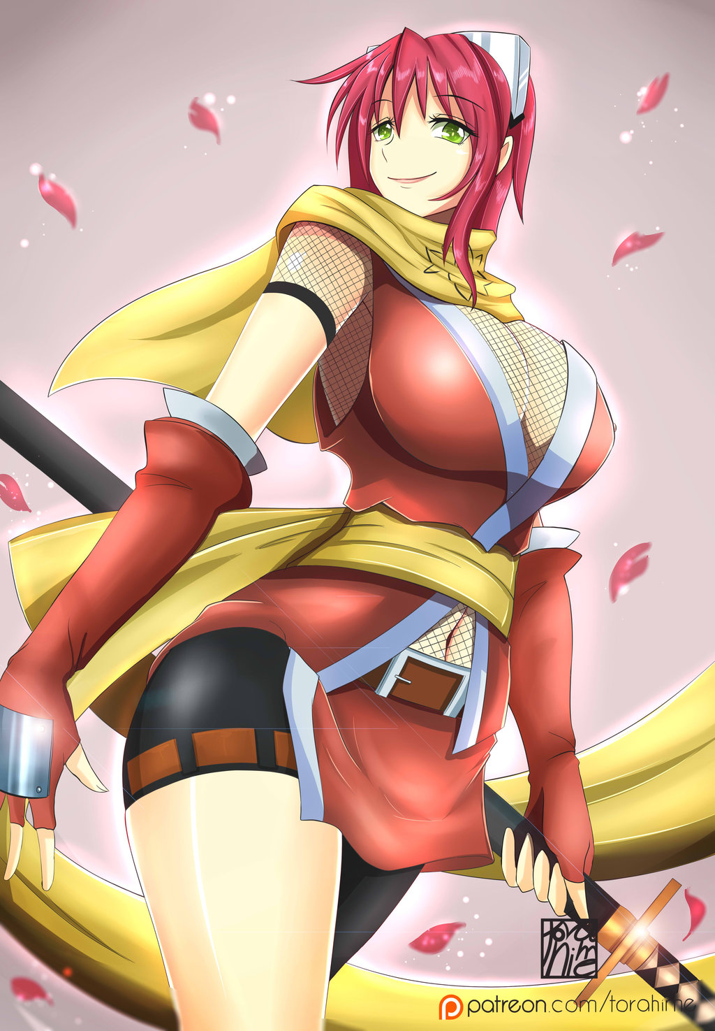 1girl, breasts, female_focus, gouma_reifuden_izuna, gradient_background, highres, izuna_(gouma_reifuden_izuna), large_breasts