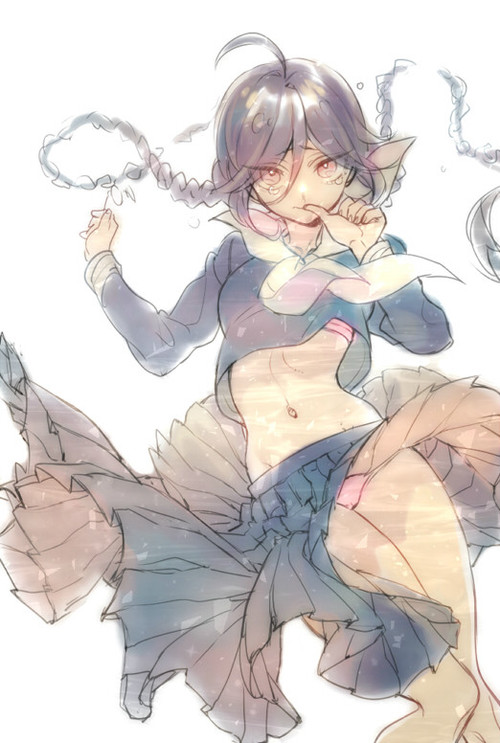 10s, 1girl, ahoge, biting, biting_own_thumb, bra, braid, danganronpa:_trigger_happy_havoc