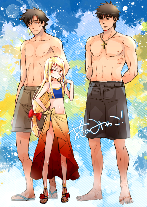 1girl, 2boys, black_eyes, black_hair, blonde_hair, brown_eyes, brown_hair, cross