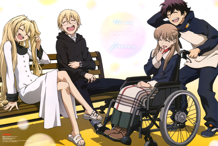 2boys, 2girls, :d, ^_^, absurdres, bench, black_(kekkai_sensen), blonde_hair