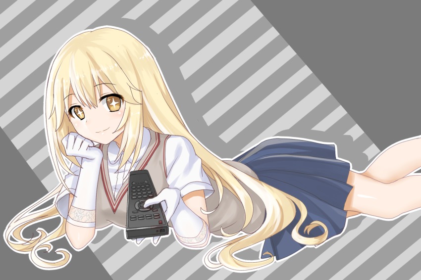 +_+, 1girl, blonde_hair, brown_eyes, controller, elbow_gloves, gloves, highres