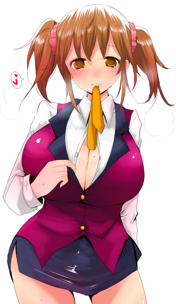 10s, 1girl, bad_id, bad_twitter_id, blouse, blush, breasts, brown_eyes, brown_hair, center_opening, cleavage, female_focus, hair_between_eyes, hair_ornament, han_(jackpot), huge_breasts, idolmaster, idolmaster_cinderella_girls, large_breasts, looking_at_viewer, mouth_hold, paizuri_invitation, pencil_skirt, royale_style_(idolmaster), shirt, short_twintails, simple_background, skirt, solo, totoki_airi, twintails, vest, white_background, white_shirt