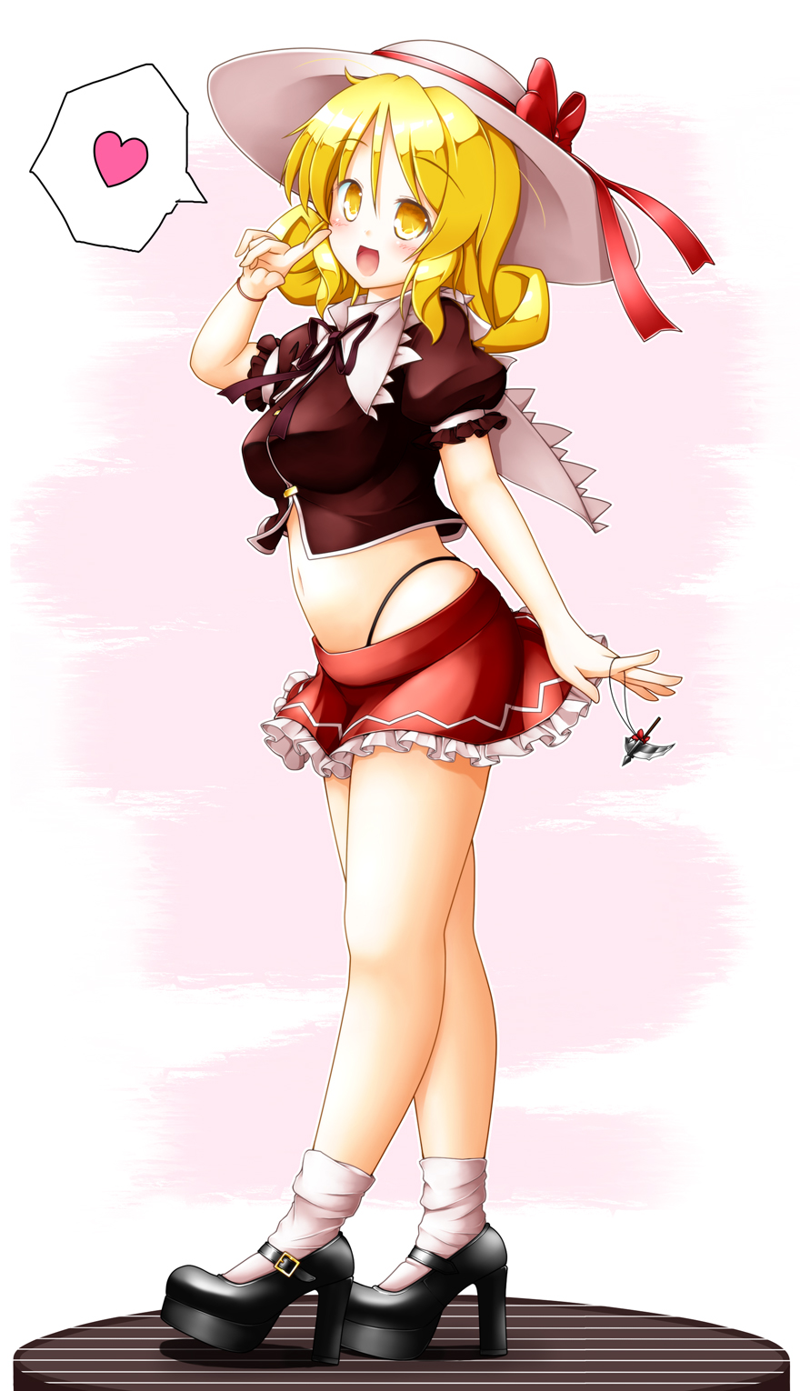 1girl, adapted_costume, aka_tawashi, blonde_hair, charm_(object), elly_(touhou), female_focus, gradient_background