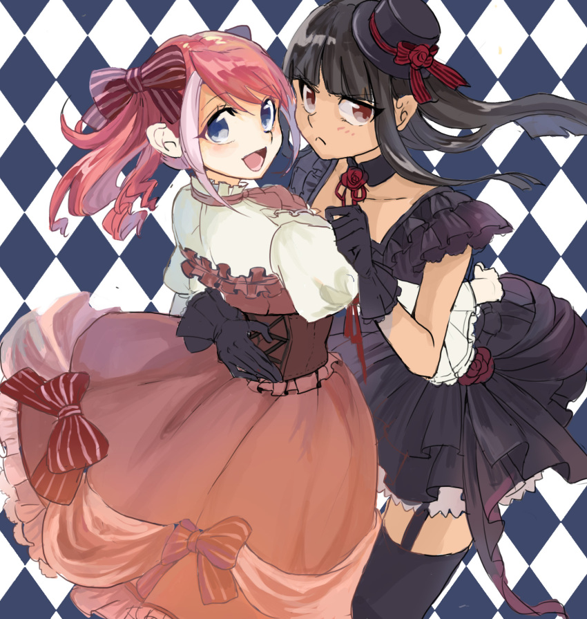 2girls, :d, argyle_background, argyle_clothes, atlantic_salmon, black_hair, blue_eyes, bow, brown_eyes, checkered_background, choker, classic_lolita, dark-skinned_female, dark_skin, dress, ero_lolita, frills, garter_straps, gloves, goth_fashion, gothic_lolita, hair_bow, hand_on_another's_hip, hat, highres, hiiragi_yuzu, kotsu_masumi, lolita_fashion, mini_hat, mini_top_hat, multiple_girls, open_mouth, pink_hair, smile, sweet_lolita, thighhighs, top_hat, yu-gi-oh!, yu-gi-oh!_arc-v, zettai_ryouiki