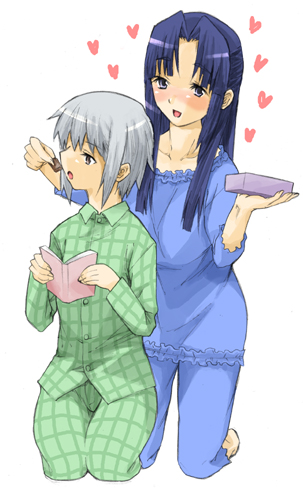 00s, 2girls, asakura_ryoko, barefoot, book, chocolate, lowres, miharu_(artist)