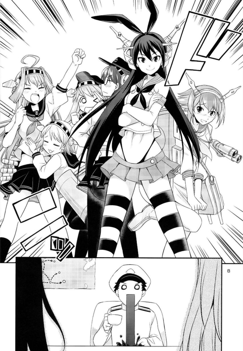 >_<, 1boy, 2koma, 6+girls, :3, :d, admiral_(kancolle), ahoge