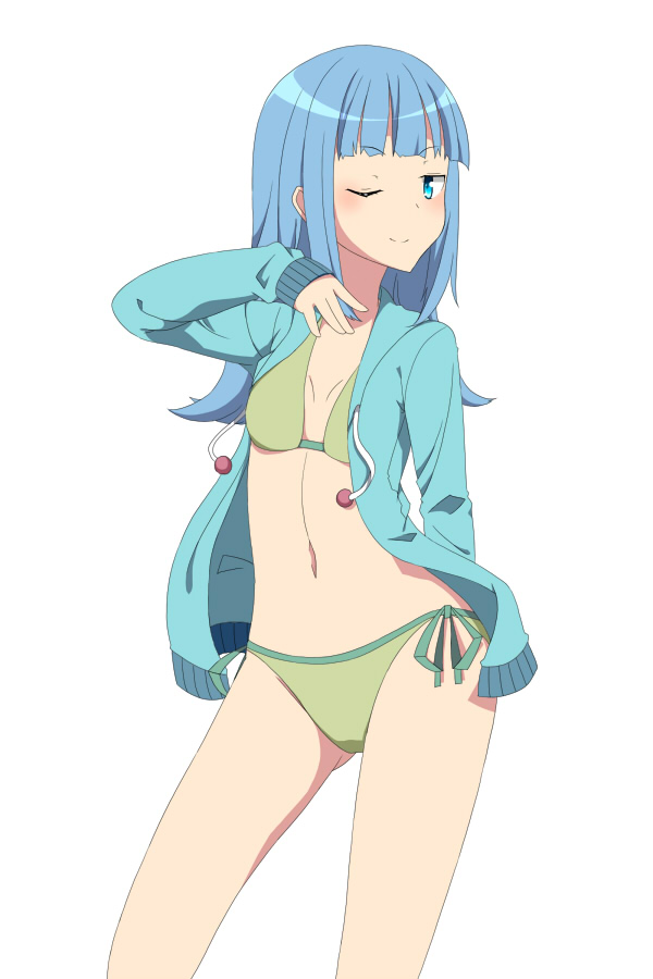 10s, 1girl, bikini, blue_eyes, blue_hair, female_focus, hatsukaze_(kancolle), jacket