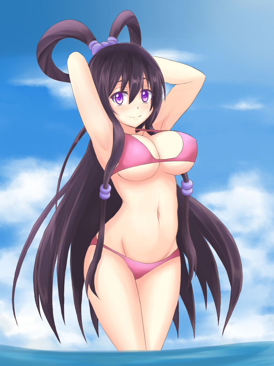 1girl, bikini, black_hair, blush, breasts, female_focus, gradient_background, highres, izanami_(p&amp;d), large_breasts, multiple_girls, navel, niiru_heiyaku_de_jutaichuu, pink_bikini, purple_eyes, puzzle_&amp;_dragons, solo, standing, swimsuit