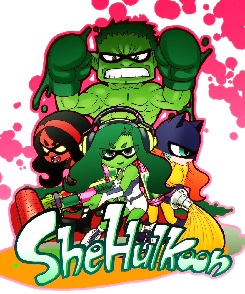 1boy, 3girls, animal_ears, bat_ears, betty_ross, black_hair, boots, boxing_gloves, bruce_banner, cat_ears, chiba_toshirou, colored_skin, eyes_visible_through_hair, fake_animal_ears, green_hair, green_skin, hellcat_(patsy_walker), hulk, jennifer_walters, leotard, marvel, monster, monster_boy, multicolored_hair, multiple_girls, nintendo, parody, red_hair, red_she-hulk, red_skin, she-hulk, simple_background, splatoon_(series), splatoon_1, splatter, topless_male, two-tone_hair